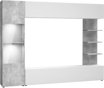 A modern media wall unit with shelves and cabinets, presented against a white background.