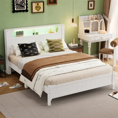 Produktbild von Doppelbett, Offenes Regal, Mit Umgebungslichtstreifen, Flachbetten, Holzbetten, Heranwachsende und Erwachsene, Rahmen aus Kiefer