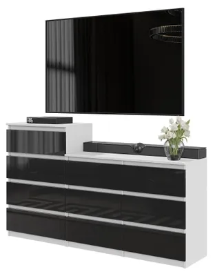 Produktbild von Kommodenset Weiß Matt / Schwarz Hochglanz mit 10 Schubladen (6+4) – Großes Sideboard Set für Schlafzimmer & Wohnzimmer – GABRIEL
