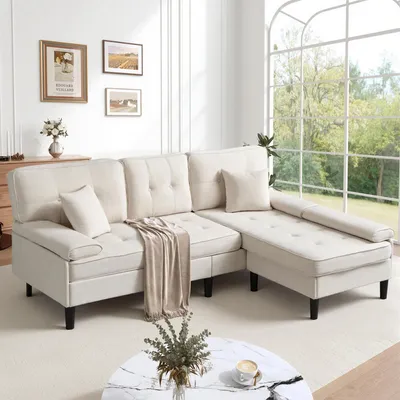 Produktbild von Merax L-Form Ecksofa mit Schlaffunktion, 3-Sitzer Chenille Sofa mit beweglicher Fußbank, modulares Chaiselongue sofa mit Massivholzrahmen, Beige