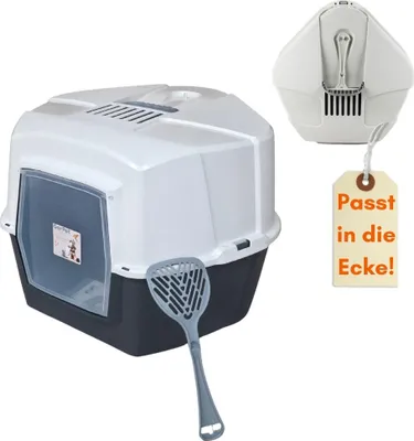 A cat litter box with a scoop and a tag.
