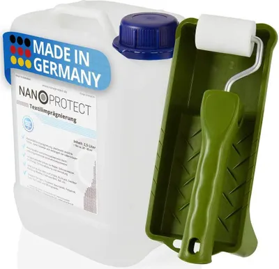 Produktbild von Nanoprotect Textilimprägnierung | 2,5 L Großgebinde inkl. Malerset zum Aufrollen | High-Tech Imprägnierung für Textilien | Stark wasserabweisend mit Abperleffekt | Ideal gegen Schmutz und Nässe