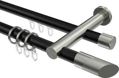 Produktbild von Interdeco Rundrohr-Innenlaufstange / Gardinenstange (Kombination) Schwarz / Edelstahl-Optik, Typ Platon Verano (Schräge Bicolor), 20 mm Ø 2-läufig, 220 cm