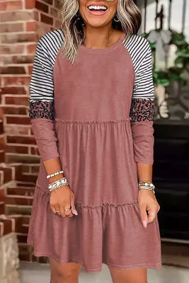 Produktbild von OMG Gestreiftes Leoparden-Patchwork-Minikleid mit langen Ärmeln Manresa rosa XL