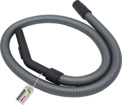 A vacuum cleaner hose with a curved handle and a tag attached.
