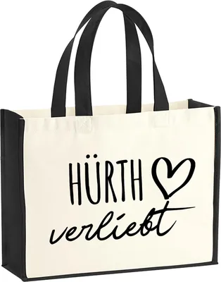 Produktbild von Huuraa Jutetasche Hürth verliebt 21 Liter Black Jute und Baumwolle Einkaufstasche Geschenkidee
