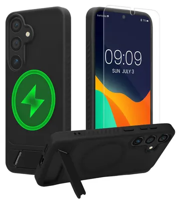 Produktbild von kwmobile Handyhülle für Samsung Galaxy S25 Hülle - Kunststoff TPU Case und Glas Folie - Kompatibel mit MagSafe - Schutzhülle mit Ständer - Schwarz