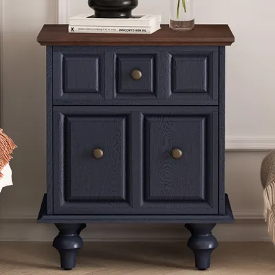 Produktbild von Sweiko 52CM Vintage Nachttisch mit 2 Schubladen und römischen Säulenbeinen, Nachttisch aus Massivholz, Nachttischschränkchen für Schlafzimmer, Wohnzimmer (Dunkelblau)
