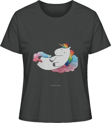 Produktbild von Mr. & Mrs. Panda Basic Shirt Damen Einhorn Wolke 7 Größe S - Anthrazit - Geschenk, Oberteil, Baumwoll T-Shirt, Einhörner, Unicorn, Rundhals, Menschen, Witzig