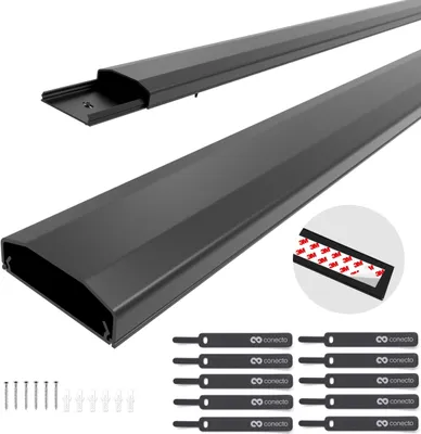Produktbild von conecto Kabelkanal mit 3M Klebeband selbstklebend selbsthaftend zum Kleben oder Schrauben aus hochwertigem PVC (Länge 100cm, Breite 6cm, Höhe 2cm) schwarz, 4er Pack + 10er Klettkabelbinder
