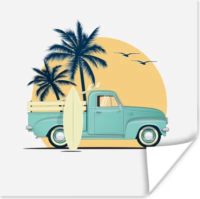 Produktbild von MuchoWow® Poster Bus - Sonne - Surfbrett - Palme 100x100 cm - Babyzimmer