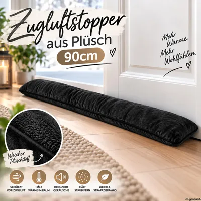 Produktbild von Zugluftstopper Tür 90 cm Schwarz – Weicher Plüsch Windstopper, Türbodendichtung gegen Zugluft, wärmeisolierend, geräuschreduzierend & energiesparend