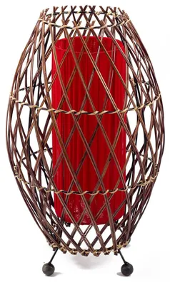 Image de Bali lampe asiatique lampe déco en rotin & tissu, lampe d'ambiance lampadaire fait main traditionnel Simandra 41x25 cm, rouge