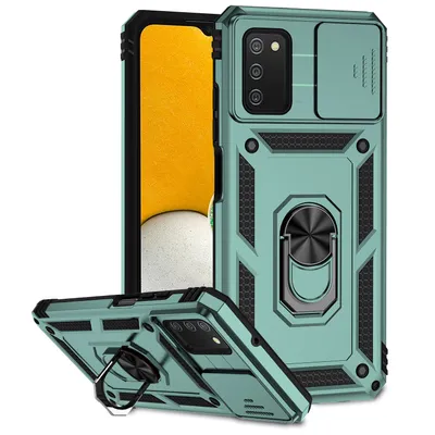 Immagine prodotto di Custodia per Samsung Galaxy A03S / A02S a doppio strato con copertura scorrevole della fotocamera e supporto ad anello verde