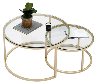 Image de Table basse 2 en 1 - Tables rondes avecReproduction en bois et aspect marbre - 60 cm et 40 cm - Structure en métal - Style moderne - Pour le salon