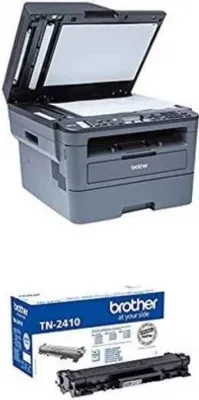 A Brother MFC-L2710DW printer and a toner cartridge.