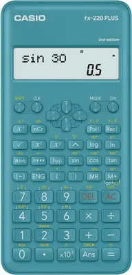 A teal Casio Fx-220Plus-2 scientific calculator is shown against a white background. The calculator's screen displays 'sin 30' and '0.5'.