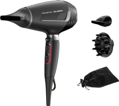A black Rowenta hair dryer with accessories on a white background.