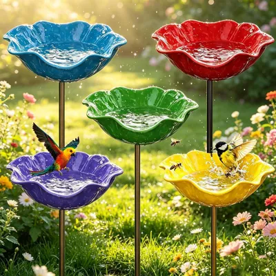Image de Abreuvoirs pour oiseaux, forme fleur, métal résistant au gel, lot de 5, pour jardin