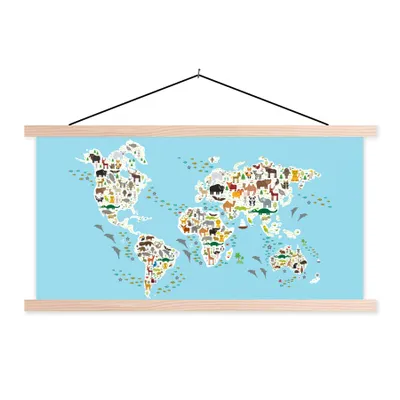 Obrázek produktu pro MuchoWow® Textilní plakát - Mapa světa Děti - Zvířata - Modrá - 150x75cm - S hnědými lamelami