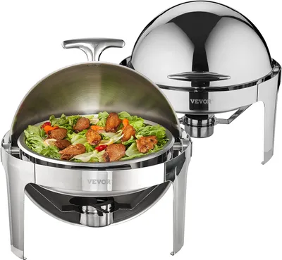 Productafbeelding van Twee-delige warmhoudplaat, warmtebevatting, chafing dish set, deksel met rolmechanisme, 5,5 liter x 2, rond, roestvrij staal. Warmhoudplaat buffet set inclusief brandstofhouder en tang, geschikt voor restaurants, buffetten, scholen, etc.