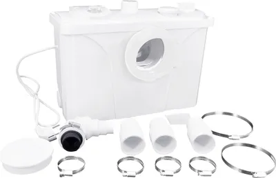 A white macerator pump unit with various accessories, including pipes, clamps, and a lid, arranged in front of it on a white background.