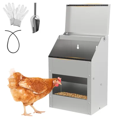 Image de Distributeur de nourriture pour poulets ISOISL, capacité 5 kg, en métal galvanisé, avec couvercle, pour une installation au sol ou au mur, livré avec une pelle, des gants et une protection de bord