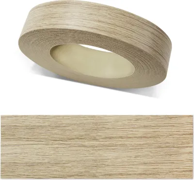 A roll of wood-grain veneer edge banding tape is shown, along with a close-up of its texture.