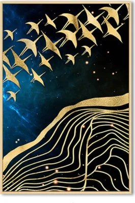 Produktbild von TPFLiving Kunstdruck LW-432 (OHNE RAHMEN) Poster - Leinwand - Wandbild - Hochauflösender Giclée-Druck, langlebig und hochwertig - Goldene Vögel auf blauem Hintergrund -  Wanddeko Wohnzimmer -  - Größe: 30x40cm