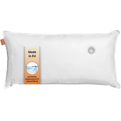 A white pillow on a white background with a label indicating it is made in the EU and has adjustable water filling.