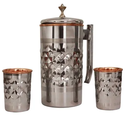 Wasserkrug aus Edelstahl & Kupfer, 1500 ml, mit 2 Bechern, Diamantmuster