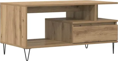 A product shot of a wooden coffee table with black metal legs.