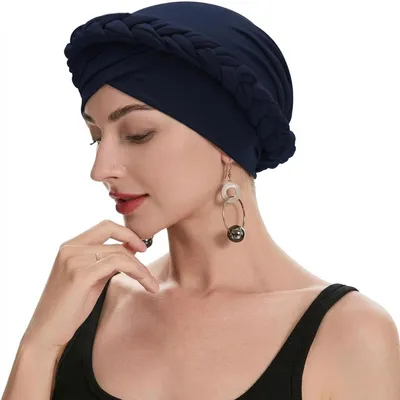 Obrázok produktu pre Dámsky turban, šál na hlavu, čiapka, pletená čiapka, vzor "vrkoč", farba: námorná, materiál: polyester