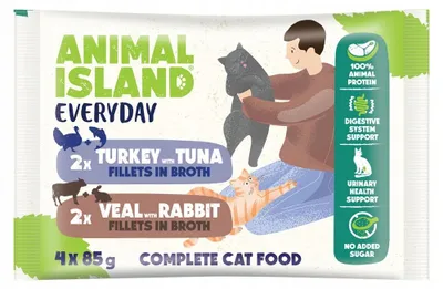 Produktbild von ANIMAL ISLAND Veal / Rabbit & Turkey / Tuna Fillets in broth - nassfutter für Katzen - 4x85g