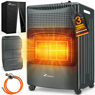 Produktbild von TRESKO® 4200 Watt Gasheizer Anthrazit inkl. Gasdruckregler Gasschlauch + Abdeckung | Gasofen Gasheizofen Keramik mit 3 Stufen | Infrarot Gasheizgerät Heizstrahler für Butan- oder Propangasflaschen bis 15 kg