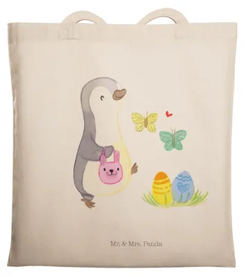 Produktbild von Mr. & Mrs. Panda Einkaufstasche Pinguin Eier suchen - Transparent - Geschenk, Stoffbeutel, Beutel, Laptoptasche, Tote Bag, Ostern, Tasche, Jutebeutel