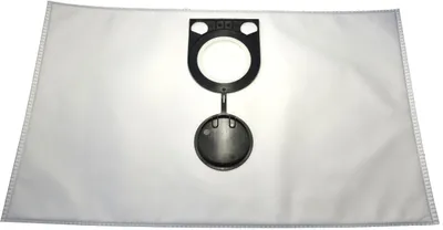 A white vacuum cleaner bag with a black plastic attachment.