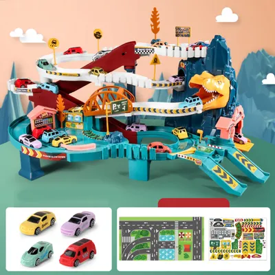 Produktbild von Autoschienen Spielzeug Flexible Schwerkraftrutsche Abenteuer Geburtstagsgeschenk Elektrofahrzeugschiene für Kinder Kleinkind Dinosaurier Spiralstraße (Standard 4 Autos) Farbbox