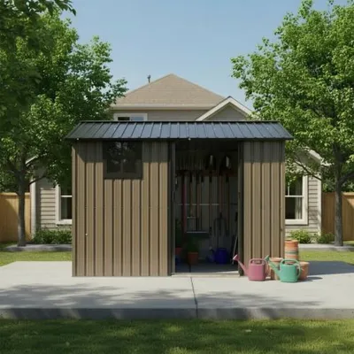 Image de Abri de jardin en acier galvanisé, dimensions 244 x 171 cm (4,17 m²), résistant aux intempéries, antirouille, avec porte coulissante, fenêtre, ventilation, de couleur marron et noir