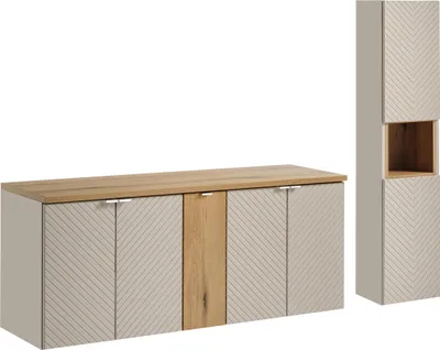 Produktbild von Badezimmerschrank 140 Cm Kaschmir Eiche Set Mit Hochschrank