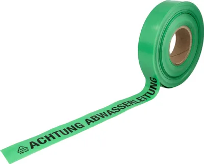 Produktbild von tecuro Trassenwarnband ACHTUNG ABWASSERLEITUNG, grün, 250 m x 40 mm, PE-Folie 0,1 mm, schwarz bedruckt