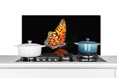 Produktbild von KitchenYeah®  Spritzschutz Küche - Küchenrückwand - Wandschutz für Herd und Spüle - Schmetterling - Blumen - Insekt - Porträt - Schwarz - Orange 90x45 - Alu-Dibond (Alternative zum Spritzschutz aus Gl