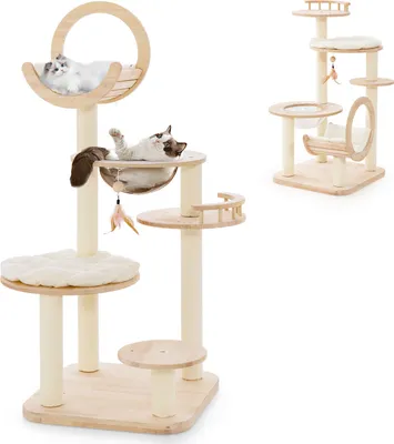 Two cat trees are shown against a white background. The larger cat tree on the left has two cats on it, while the smaller cat tree on the right is empty.
