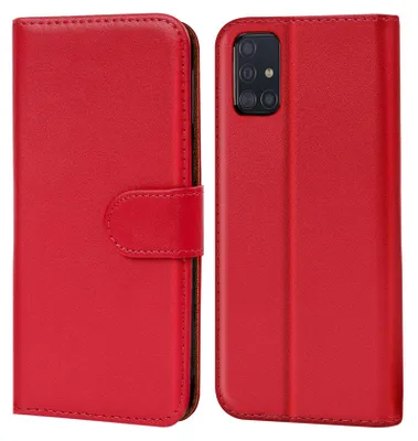 A red book-style phone case for a Samsung Galaxy A51 is shown open and closed.