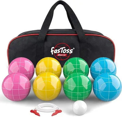 Imagen del producto de Juego de bochas para jardín, césped, playa, juegos al aire libre, completo con 8 bolas de bochas de resina maciza, una "pallino" (bola objetivo), una cuerda de medición y una bolsa de transporte, en varios colores, para 2 a 8 jugadores (100 mm)
