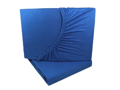 A folded blue fitted sheet is shown against a white background.