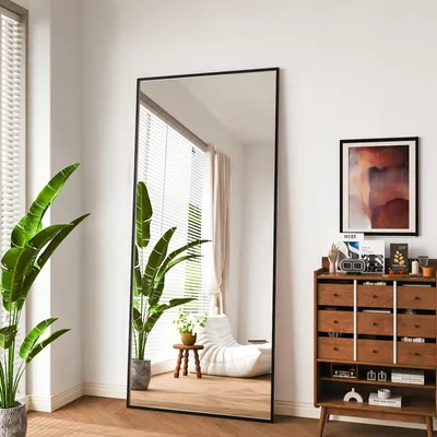 Produktbild von Vortisys 161 x 52 cm Rechteckiger Ganzkörperspiegel Rahmen aus Aluminiumlegierung Gehärtetes Glas Geeignet für Schlafzimmer und Wohnzimmer Schwarz
