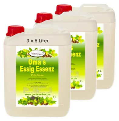 Produktbild von 3x 5L Oma`s Essigessenz 25% Säure Unser Geschmackssieger für die gute Küche & Haushalt / Entkalken / Reinigen ohne Chemie mit Essig Essenz