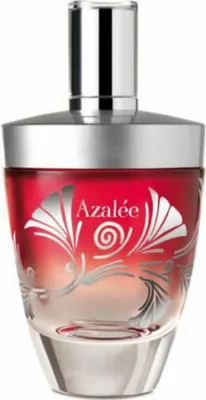 A perfume bottle with a red gradient and silver decorative elements.