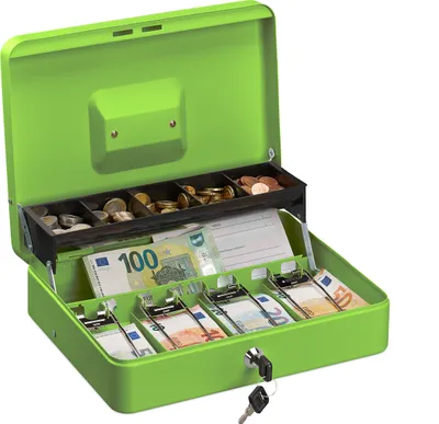 An open green metal cash box filled with euro banknotes and coins, with a key attached.